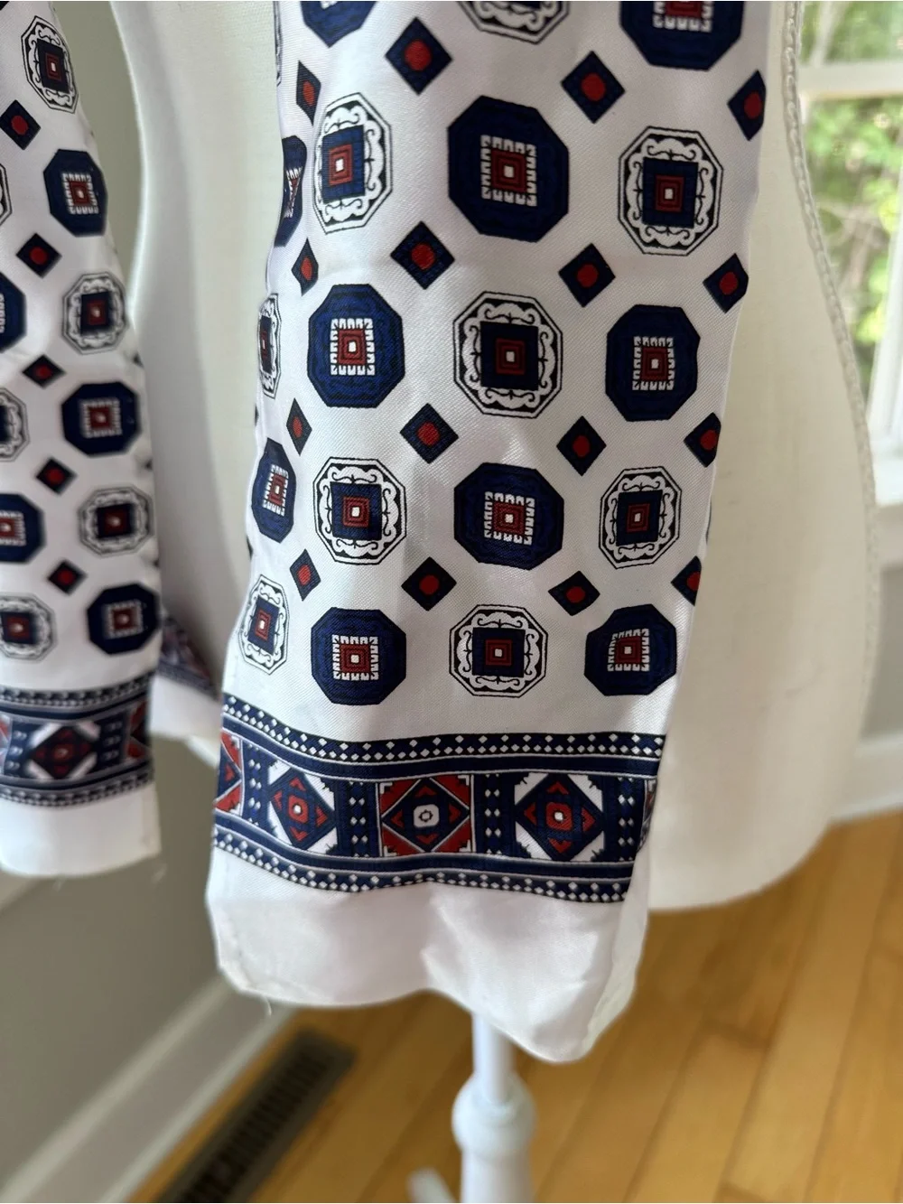 Vintage 70’s White Rectangular Scarf or Belt with Navy Red Geometric Print
